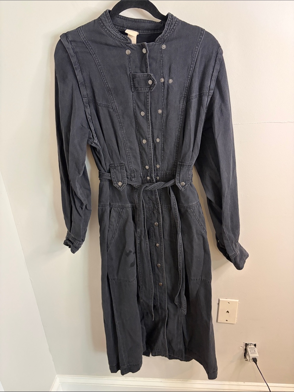 H&M black Jean Long Sleeve Button-Front Midi Dress